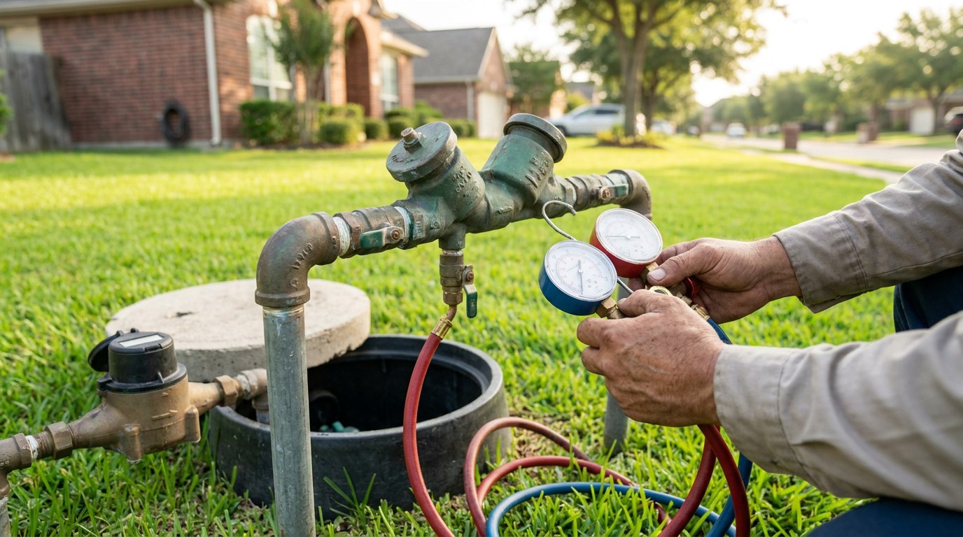 Backflow preventer testing in Pearland Texas licensed tester annual certification Brazoria County irrigation system City of Pearland