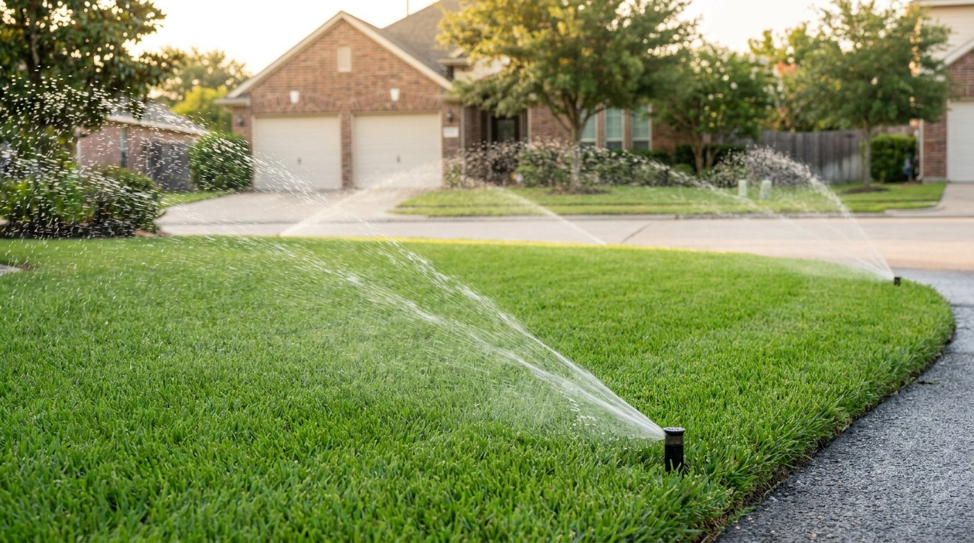 Irrigation system running correctly on a Pearland Texas residential lawn Brazoria County Shadow Creek Ranch Bermuda grass sprinkler repair