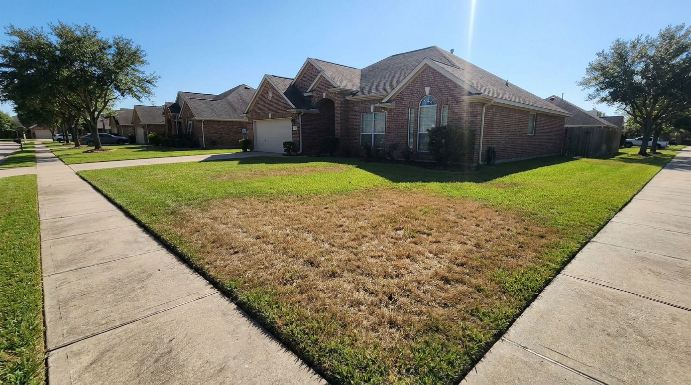 Dead zone brown patch in a Pearland Texas residential lawn Brazoria County Shadow Creek Ranch sprinkler zone failure